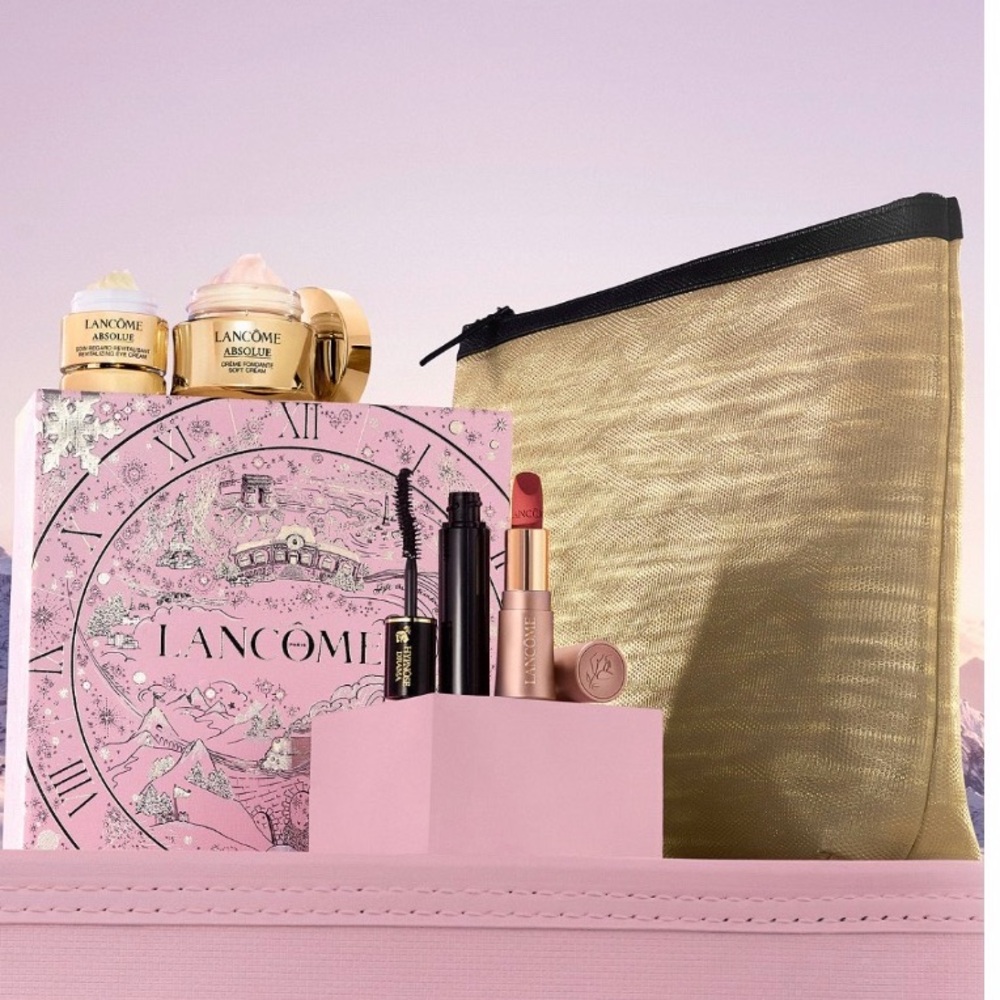 NEW! Lancôme 5-Pc Gift Set, 2 Absolue Creams, Mascara, Lipstick & Gold Pouch